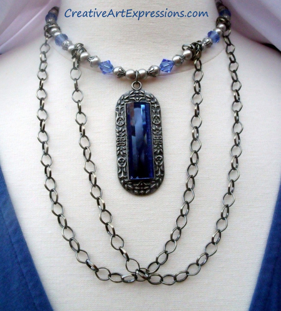 Creative Art Expressions Handmade Blue Platinum & Chain Necklace Jewelry Design